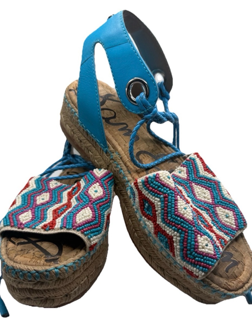 Sam Edelman Turquoise Multi Beaded Wedge Espadrilles Sz 7
